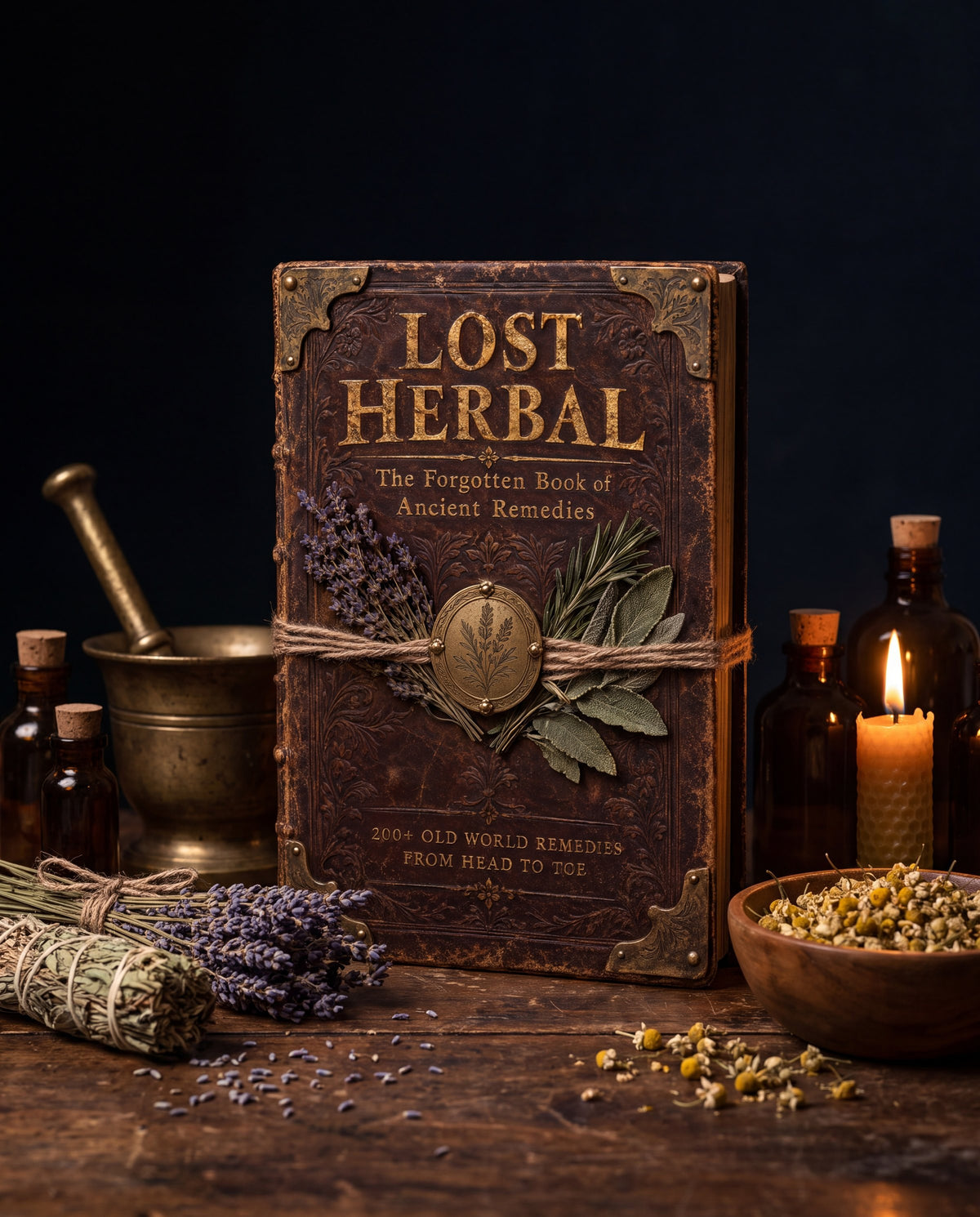 The Lost Herbal book on a wooden table with a mortar, dried herbs and candles